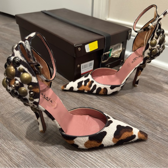 Alaia Shoes - Alaia Leopard Print Pony Hair Studded Point Toe Heels